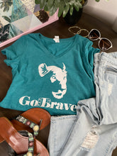 Load image into Gallery viewer, Teal short sleeve v-neck shirt with lioness for women
